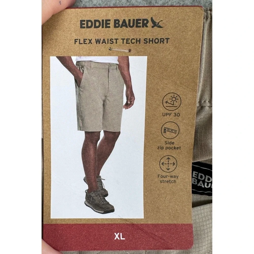 NEW Eddie Bauer Flex Waist Tech Shorts Mens XL Tan Ripstop Hiking Cargo Stretch